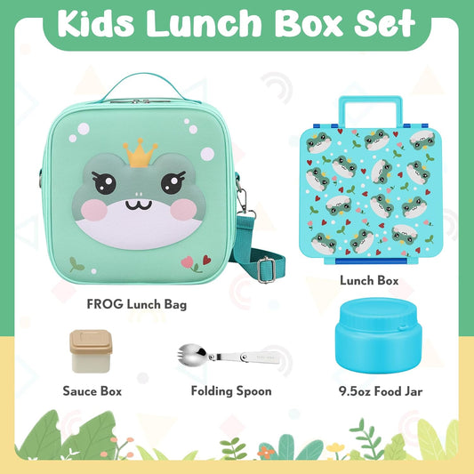 Kids Bento Lunch Box with Thermo, Include 9oz Soup Thermo, Kids Leakproof Lunch Box with 4 Compartment, Insulated Lunch Bag for Girls Boys to School Travel