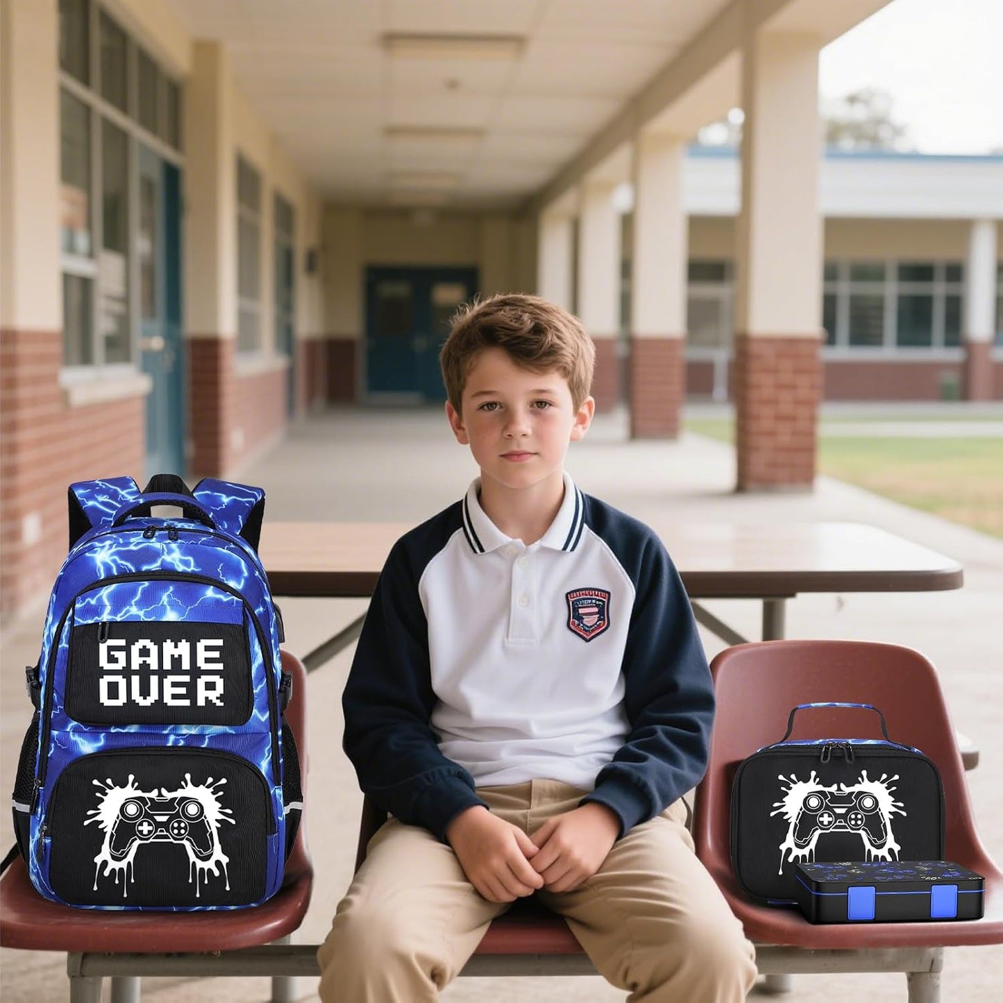 Scothen Boys Backpack - Kids Bento Box Set with Insulated Lunch Bag, Cutlery and Pencil Case, 6 Leak-Proof Compartments, Removable Tray for Boys Teens School Picnic