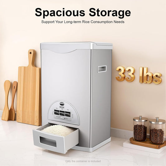33LBS Stainless Steel Rice Dispenser - Automatic Measuring Dispenser with 3 Gears, Large Capacity Rice Storage Container for Kitchen/Pantry (Silver)