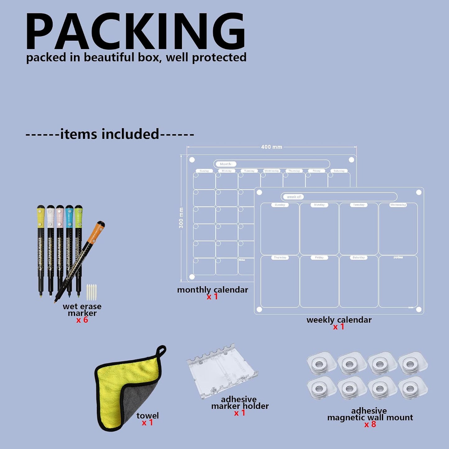 Acrylic Magnetic Dry Erase Calendar for Fridge Clear Blank Whiteboard Planner Erasable Planning Board 16" x 12" w/ 6 Color Wet Erase Marker