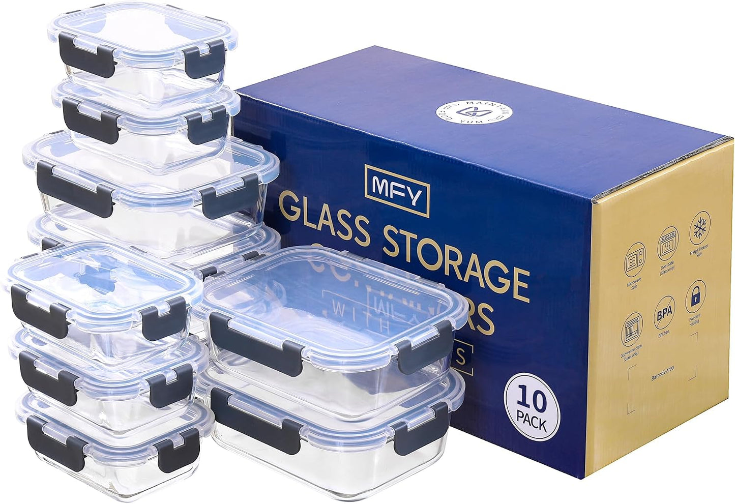 MFY 10-Pack Glass Storage Containers with Lids, Glass Meal Prep Containers Set, Airtight Lunch Containers with Lids, Microwave, Oven, Freezer and Dishwasher Safe, Gray