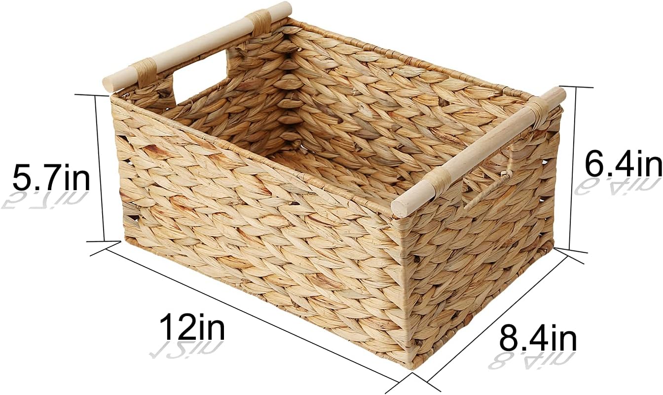 Water Hyacinth Woven Storage Basket, Rectangular Wicker Basket with Handle | Wooden Handle, Natural Water Hyacinth, Handwoven, Living room, bedroom, bathroom, shelf, utility room, towels, magazines