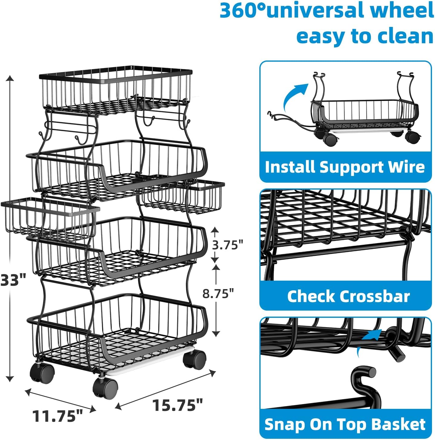 Simple Trending 4 Tier Rolling Cart, Stackable Fruit Vegetable Basket with Wheels and 2 Hanging Basket, Kitchen Storage Metal Wire Basket Stand for Vegetable Snacks, Black