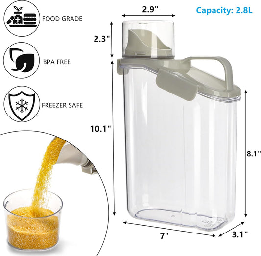 DEAYOU 2 Pack Bird Seed Storage Container, 3 Qt/2.8 L Airtight Cereal Storage Bin with Pour Spout and Measuring Cup, BPA Free Plastic Water Pitcher with Handle for Rice, Grain, Flour, Pet Food