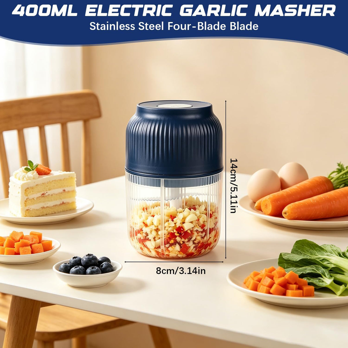 Electric Garlic Chopper 350ml, Cordless & Powerful 6 Stainless Steel Blades