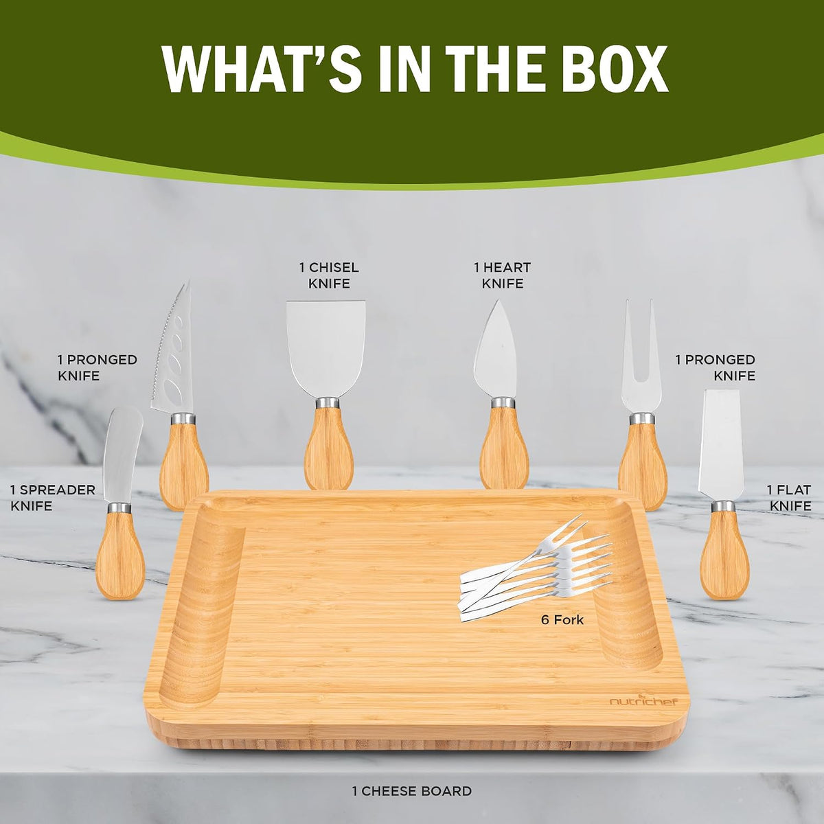 NutriChef Organic Bamboo Cheese & Charcuterie Board Set, Extra Large Serving Platter with Stainless Steel Knives, Fork and Condiment Cup – Ideal for Kitchen, Parties & Gifting
