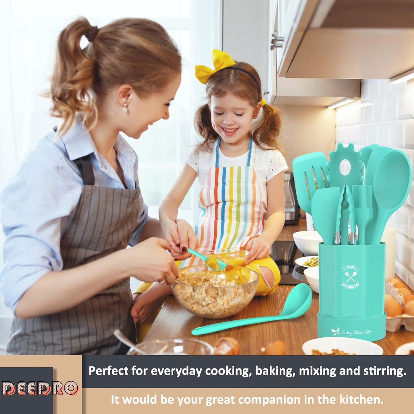 Silicone Kitchen Utensils Set, 16-Piece Silicone Cooking Utensils by Deedro, Heat Resistant Kitchen Tools Set with Holder, Nonstick Spatula Kitchen Gadgets for Cooking & Baking, Colorful