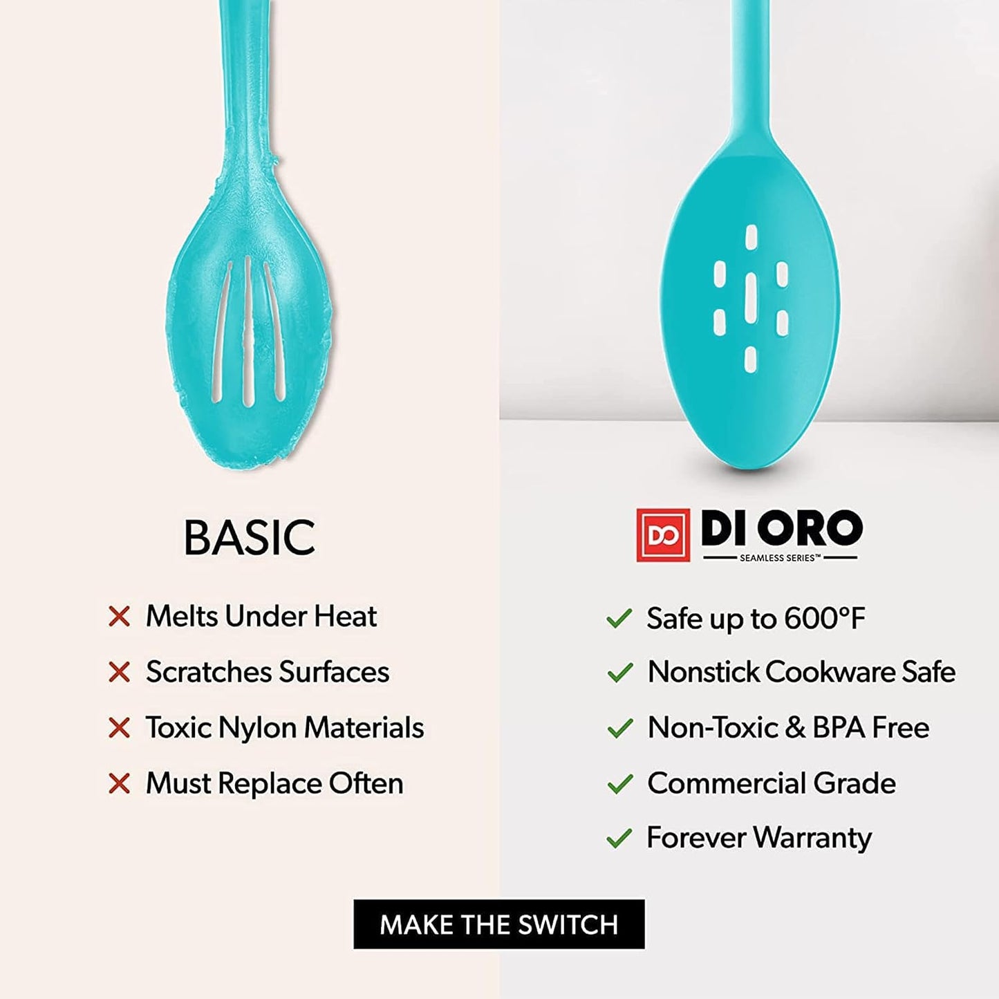 DI ORO Silicone Spoons for Cooking - Large Kitchen Spoons for Mixing, Serving, & Stirring - 600°F Heat-Resistant Non Stick Utensils – Big Solid & Slotted - Dishwasher Safe (2pc, Black)
