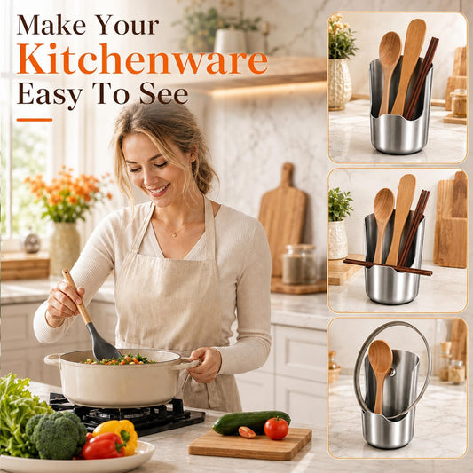 Multi-Functional Stainless Steel Kitchen Utensil Holder, 2‑In‑1 Spoon Rest for Kitchen Counter, Space‑Saving Vertical Organizer for Spatula Ladle Pot Lid Cutting Board, Stainless Steel Utensil Holder