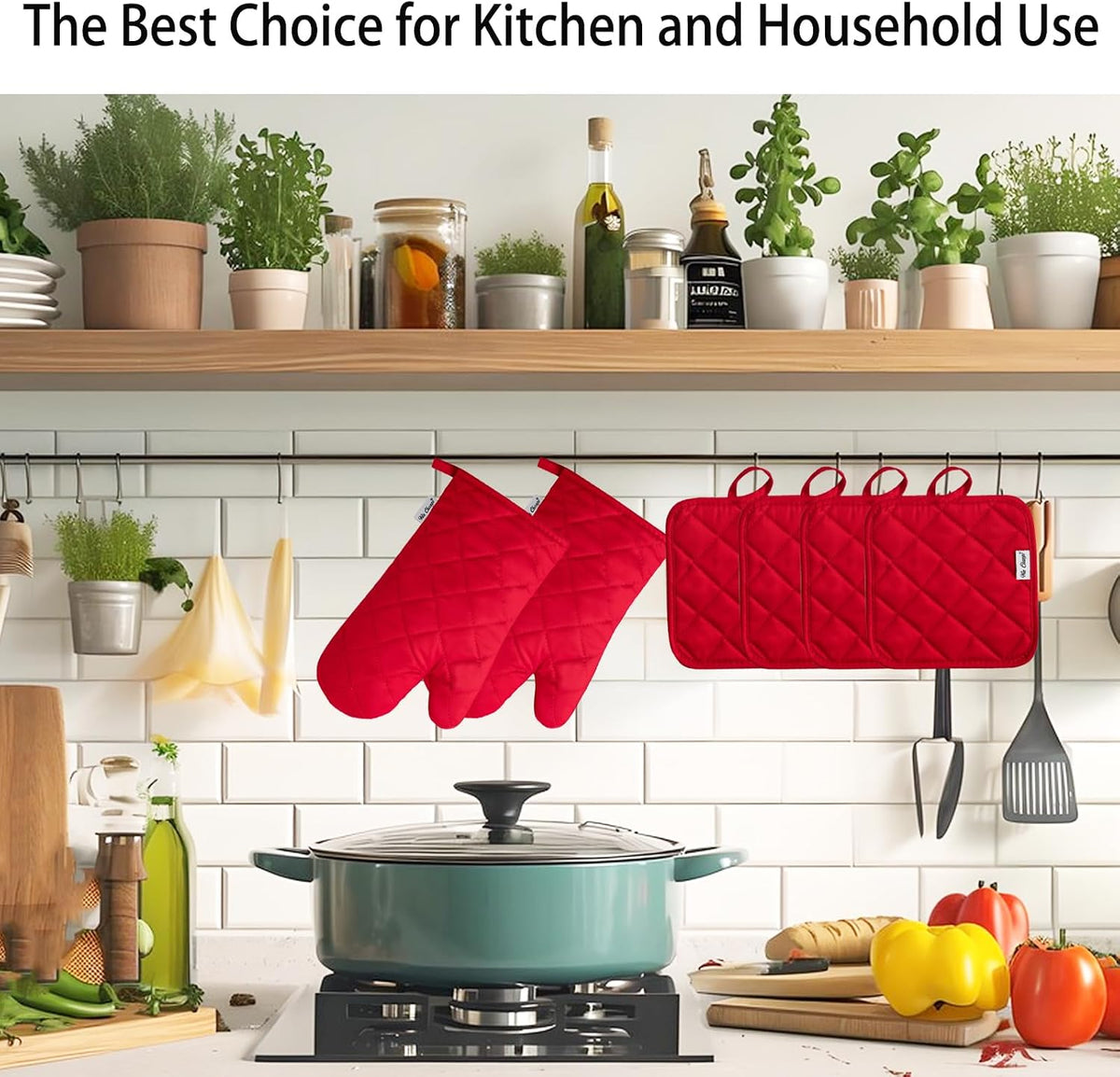 Oven Mitts and Pot Holders Sets,6 Pcs Oven Mitts and Potholders with Recycled Cotton High Heat Resistant Extra Thick Long Oven Mitts for Cooking(Black)
