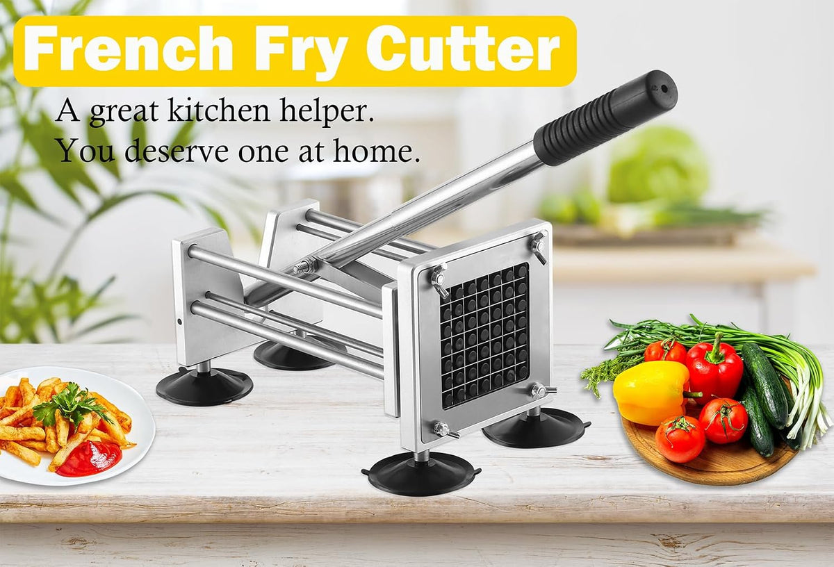 French Fry Cutter,Professional Stainless Steel Potato Cutter, Press Fries with 1/2-Inch and 3/8-Inch Blade Great for Potatoes