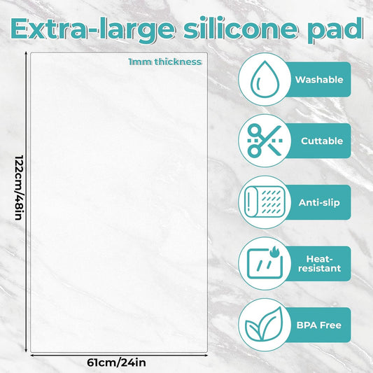 Extra Large Silicone Mat, 48” x 24” Kitchen Countertop Protector Mat Heat Resistant Non-Slip Table Pad, Food Grade Translucent Placemat for Cooking Baking Crafts