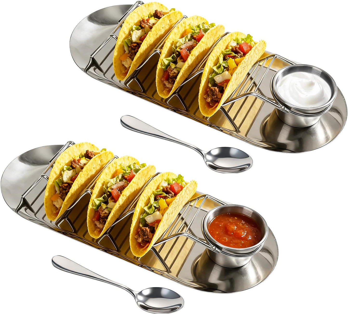 Taco Holders Set of 2 - Stainless Steel Taco Stand Rack with Tray, Sauce Cups & Spoon, for Party, Dishwasher Safety