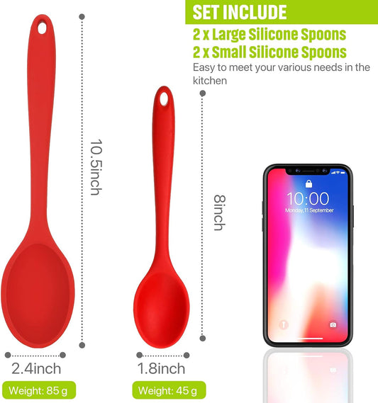 4 Pack Silicone Spoons for Cooking Silicone Mixing Spoons Heat Resistant Rubber Basting Utensil for Kitchen Cooking Baking, Stirring Serving, Large and Small(Red, Black)