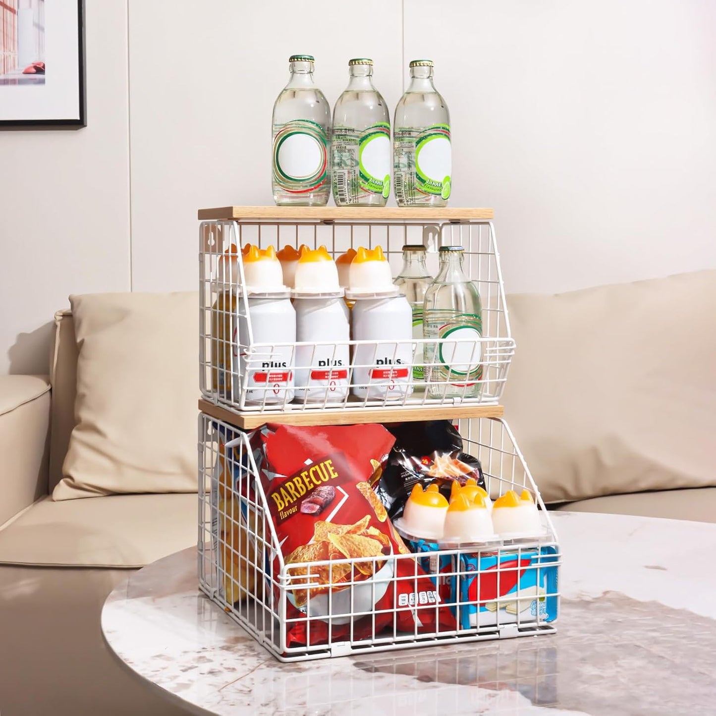 Mefirt Fruit Basket, 2-Tier Fruit Bowl for Kitchen Counter, Stackable Wall Mounted Fruit Storage, Snack Organizer, Potato and Onion Storage Basket, Hanging Pantry Storage with Wood Lid, 2 Set, White