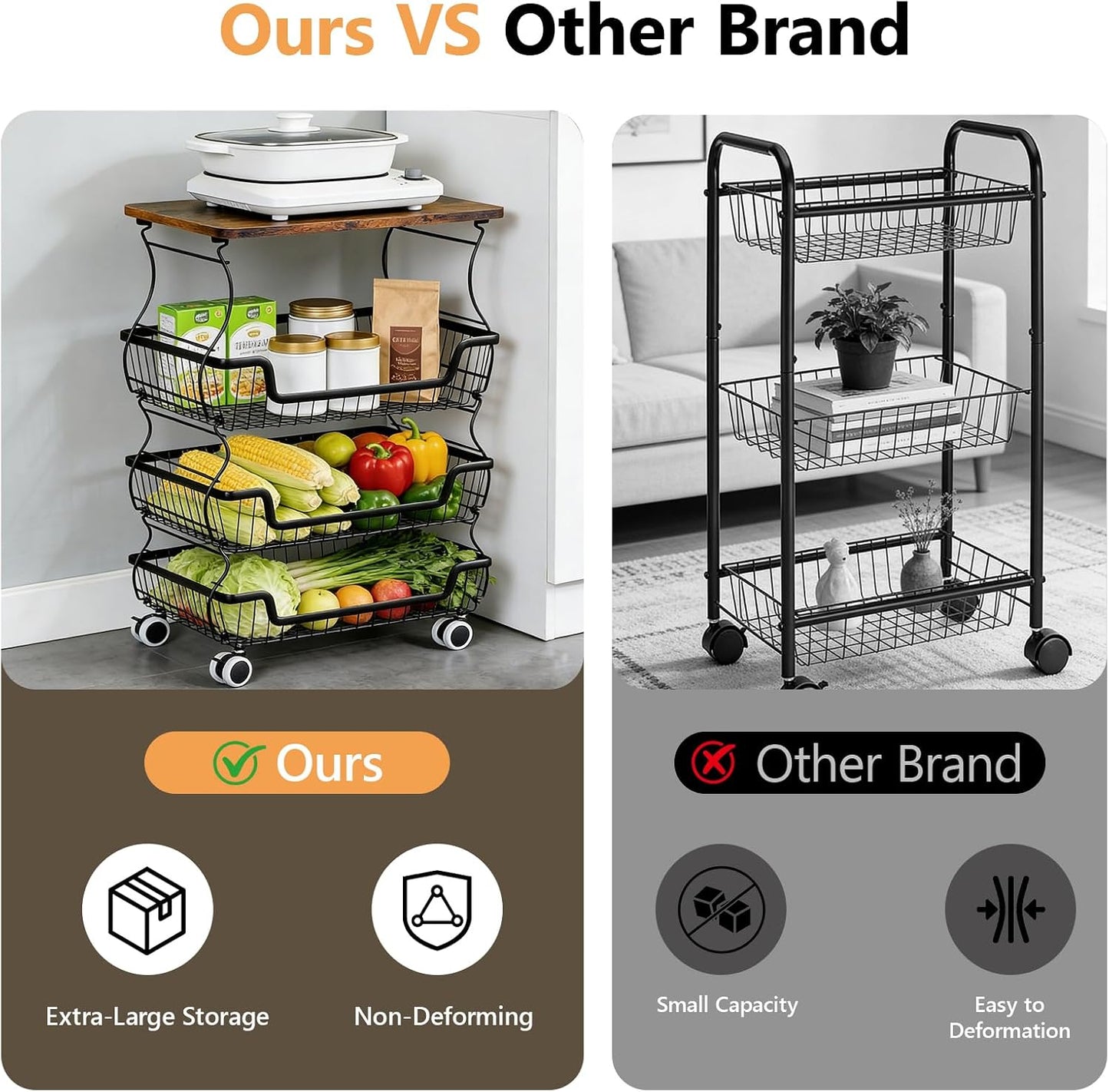 2 Pack 3-Tier Rolling Kitchen Storage Cart Fruit Basket Stand for Vegetables & Snacks Stackable Wire Pantry Floor Organizer with Wheels for Kitchen, Living Room, Bedroom, Office (Black)