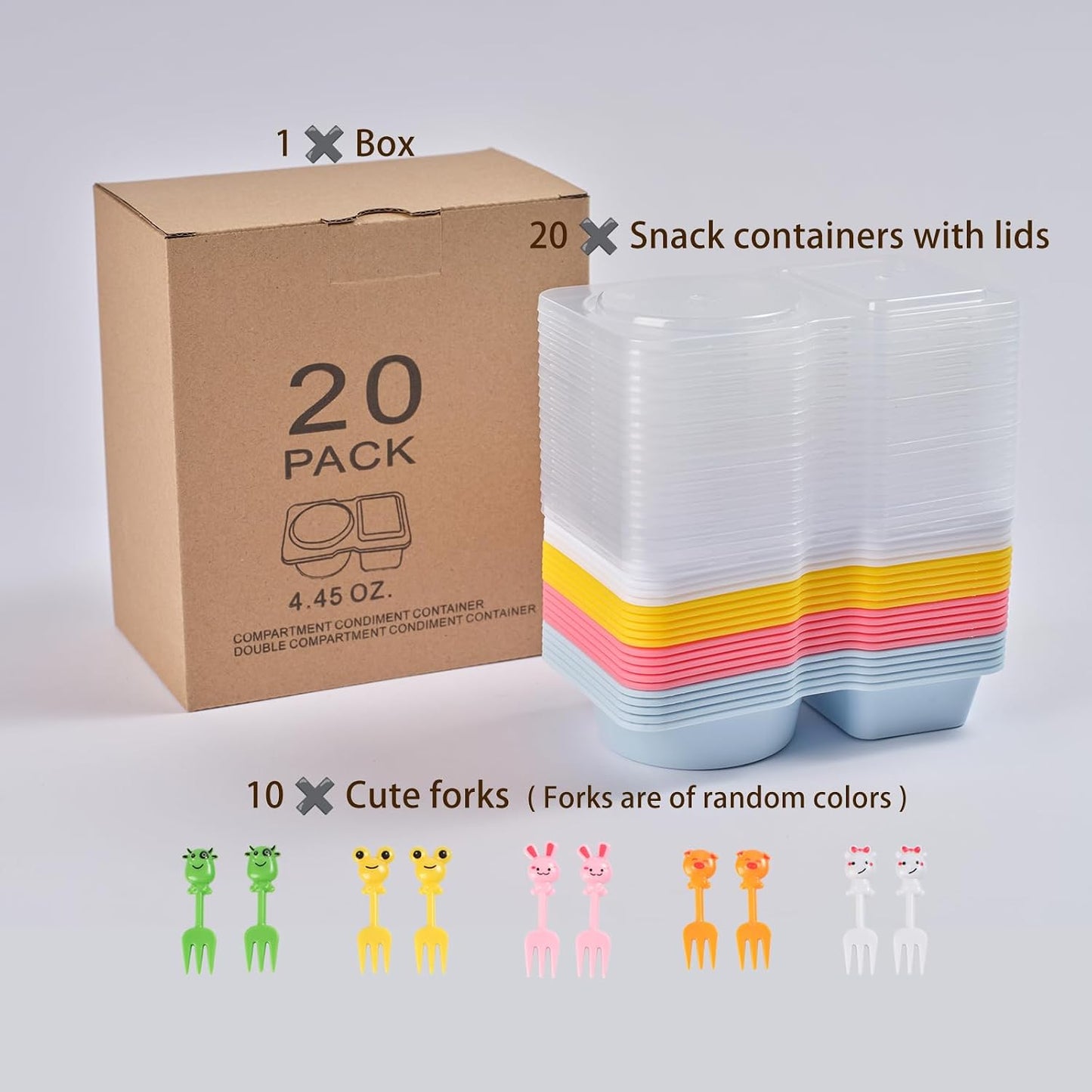 20 Pack Reusable Snack Containers with Lids with 10 Forks,Disposable 2-Compartment Condiment Containers,Small Sauce Snackle Box Meal Prep Containers,Portion Control Snack Pack Containers (4-color)