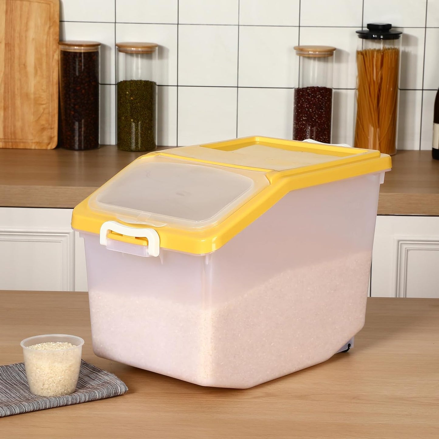 Sunnyray 4 Pcs Rice Storage Container Bulk 27.6 lb Airtight Flour Container with Wheels and Lids Measuring Cup Clear Pet Food Dog Birds Cat Food Bin Grain Cereal Organizer Box(Cream)