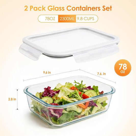 2 Pack 78oz/2300ml Large Glass Storage Containers with Lids, Meal Prep Food Container Set, Airtight Leakproof Snap Lids, BPA Free Borosilicate Glass, Microwave Oven Freezer Dishwasher Safe