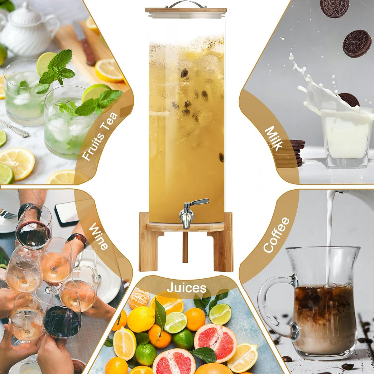 Glass Beverage Dispenser with Stand, 1.5 Gallons Glass Drink Dispenser-Beverage Dispenser with Wood Stand, Stainless Steel Spigot for Parties,Bars,Restaurants