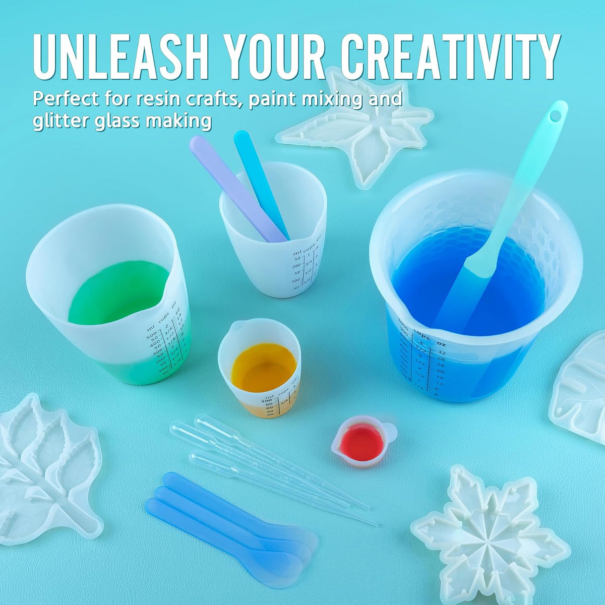 Silicone Resin Mixing Measuring Cups for Resin Supplies, 600ml/20oz Bowl, 250 & 100ml Thickened Reusable Silicone Cups for Epoxy Mixing, with Stir Sticks and Pipettes, Jewelry Making