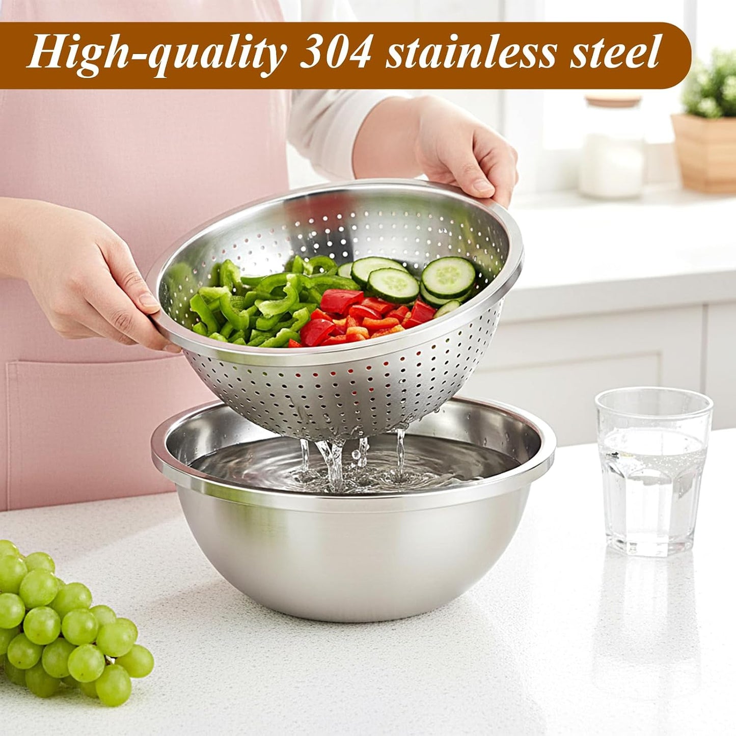 304 Stainless Steel Colander and Strainer, 5QT Large Capacity with Mixing Bowl, Micropore for Washing Rice, Vegetables, Fruit, Grain, Bean, and Draining Cooked Pasta, Dishwasher Safe