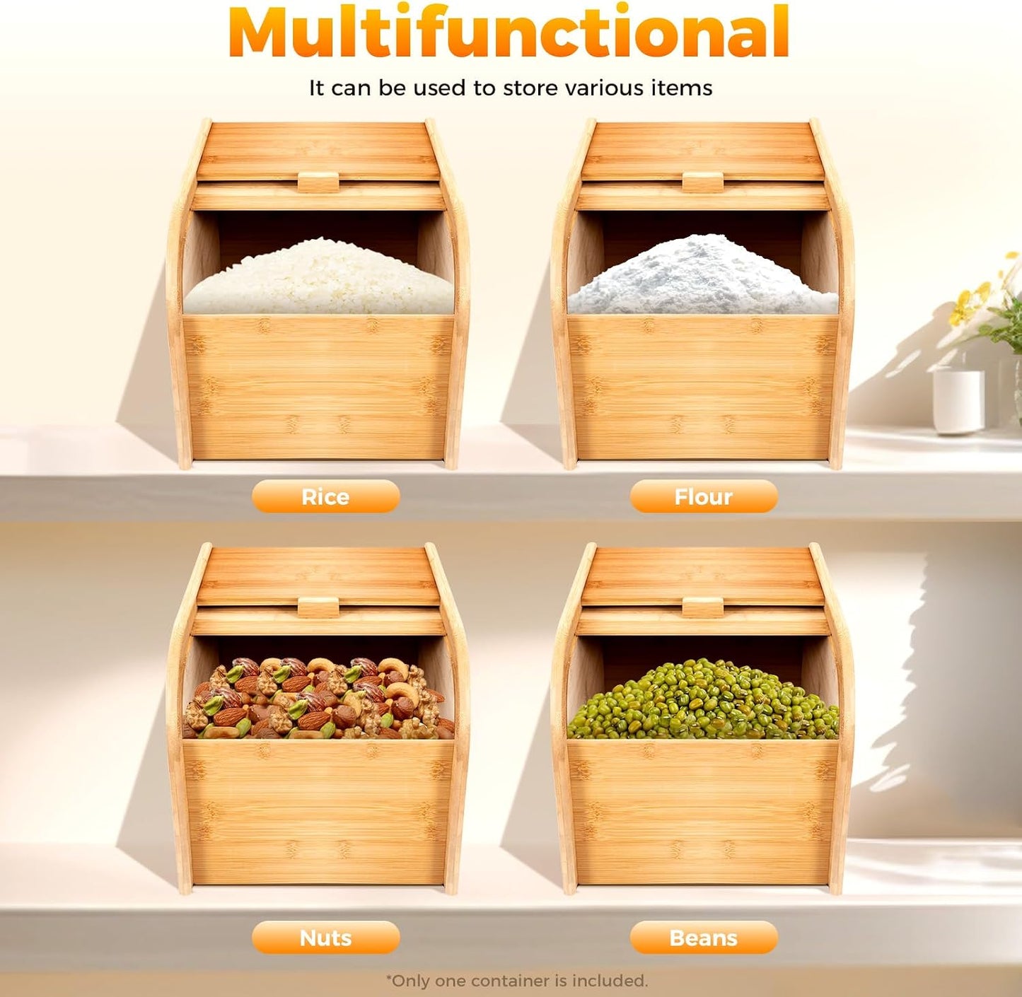 22 lbs Bamboo Rice Storage Container with Sliding Lid & Measuring Cup, Airtight Dry Food Organizer for Kitchen Countertop - Large Capacity Grain Bin for Flour, Nuts, Beans, Pet Food - Natural Wood
