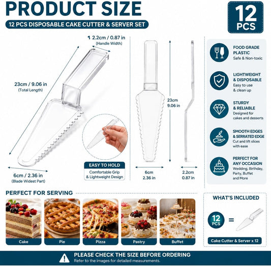 12 Pcs Disposable Plastic Cake Cutter 9.06 Inch Cake Pie Server Cutter Slicer Pizza Pastry Slicer for Kitchen Wedding Buffet