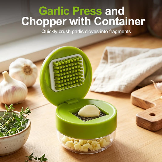 Mini Garlic Chopper and Press with Container, Manual Garlic Twister Masher and Crusher,Garlic Press Stainless Steel for Kitchen Cooking and Food Prep(1)