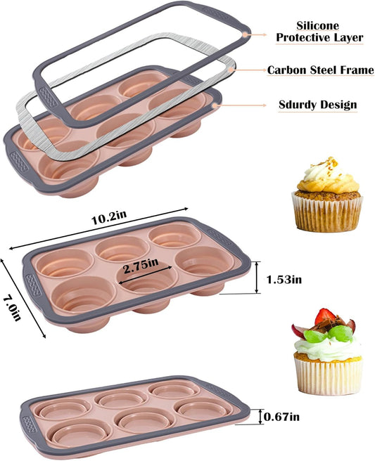 Silicone Muffin Pan for Baking with Metal Frame, Nonstick Cupcake Pan, 6 Cup Baking Pan for Cupcake, Tarts, Egg Bites(6 Cup Pink)