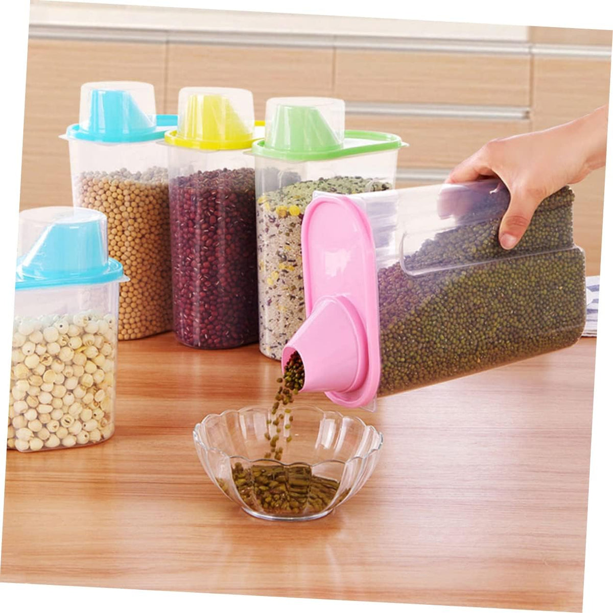 Healifty Large Clear Airtight Food Storage Container with Pour Spout and Measuring Cup Grain Keeper for Cereal Rice Beans Nuts and Dry Foods Blue Plastic Canister for Kitchen Pantry