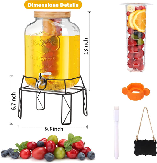 2 Gallon Drink Dispensers with Stand, Glass Beverage Dispenser with Stainless Steel Spigot and Bamboo Lid,Lemonade Dispenser,Glass Drink Dispensers for Parties, Weddings
