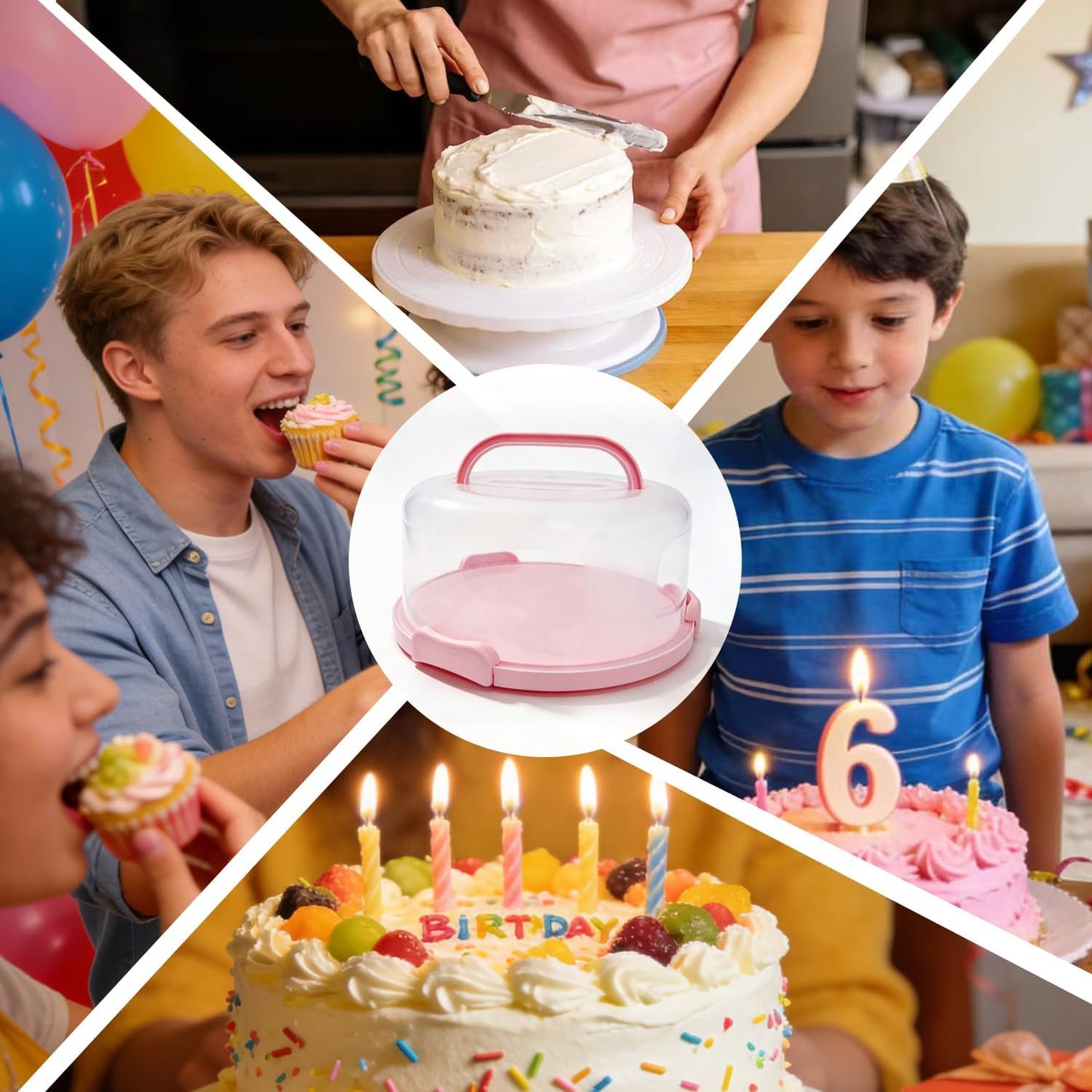 GIEHOUGRIO 10 inch Cake Carrier with Lid and Handle, 3 in 1 Multipurpose Plastic Cupcake Holder & Plastic Cover Two Sided Base for New Year, Christmas, Party, Various Holidays- Easy Transport (Pink)