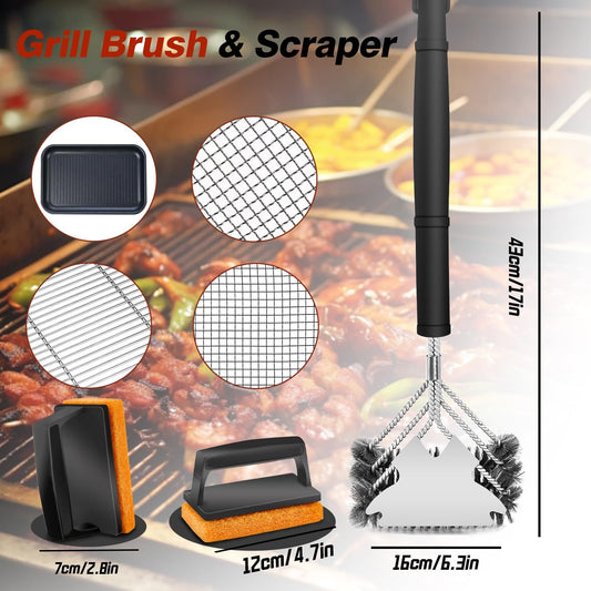 Professional Grill Brush and Scraper Kit - Heavy Duty BBQ Grill Brush with Stainless Steel Scrubber, Outdoor Grill Cleaning Brush Tools for Home, Restaurant & Commercial Use