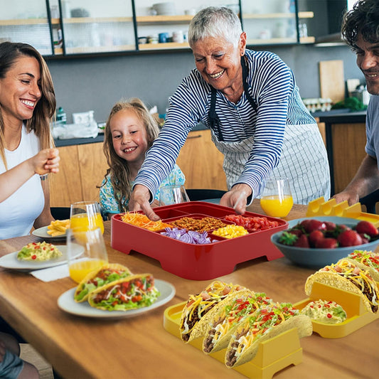 Taco Tuesday Kit-Taco Bar Serving Set for a Party with 4 personal Taco Holders,Taco Night for Burritos,Nachos,7 compartments,Perfect for Parties,Nacho Taco Night Fiesta Unique Couple&Housewarming Gift
