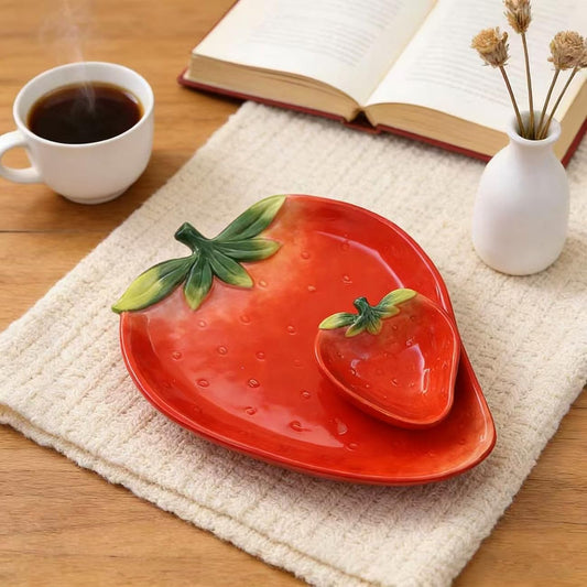 Ceramic Red Strawberry Chip and Dip Serving Trays, Appetizers and Cheeses Serving Platter, Ideal for Snacks, Veggies, Fruit-11inches