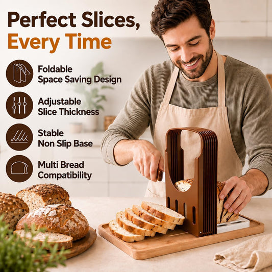 Premium Bread Slicer - Homemad Bagel Sourdough Cutter Sandwich Manual Rounds Knife For Slicing Guide Board Loaf English Muffin Dough Accessories Even Slices Foldable Adjustable Thickness Non Toxic