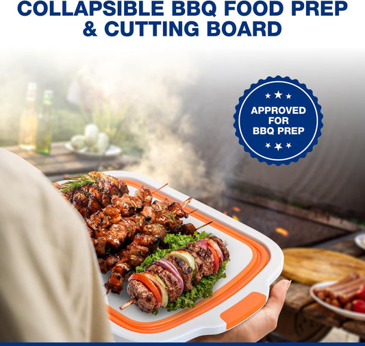 2-Pack XL Collapsible BBQ Prep Tub with Built-In Cutting Board, Lid & Strainer – Marinate, Drain & Prep – Large Food-Safe Container – Perfect for Grilling, Smoking & Outdoor Cooking