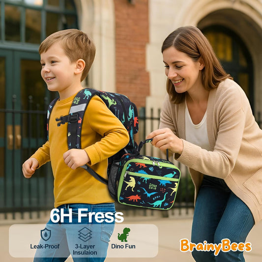 Kids Lunch Bag Boys - Insulated Kids Lunch Box Reusable Lunchbox with Water Bottle Holder Toddler Lunch Tote Bag for School Daycare, Black Dino Fossil