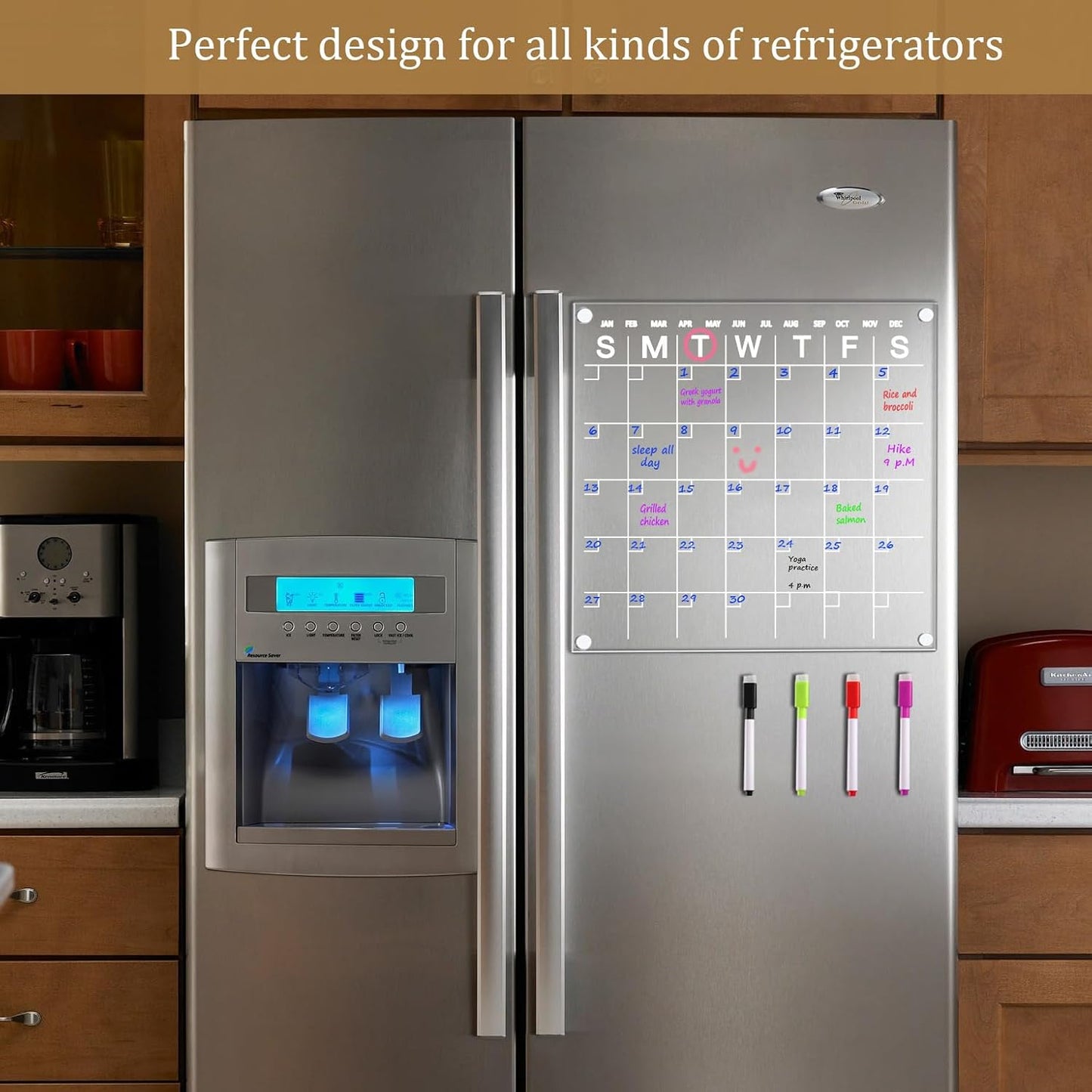 Acrylic Fridge Calendar 12x12 - Magnetic Dry Erase Board with 8 Markers