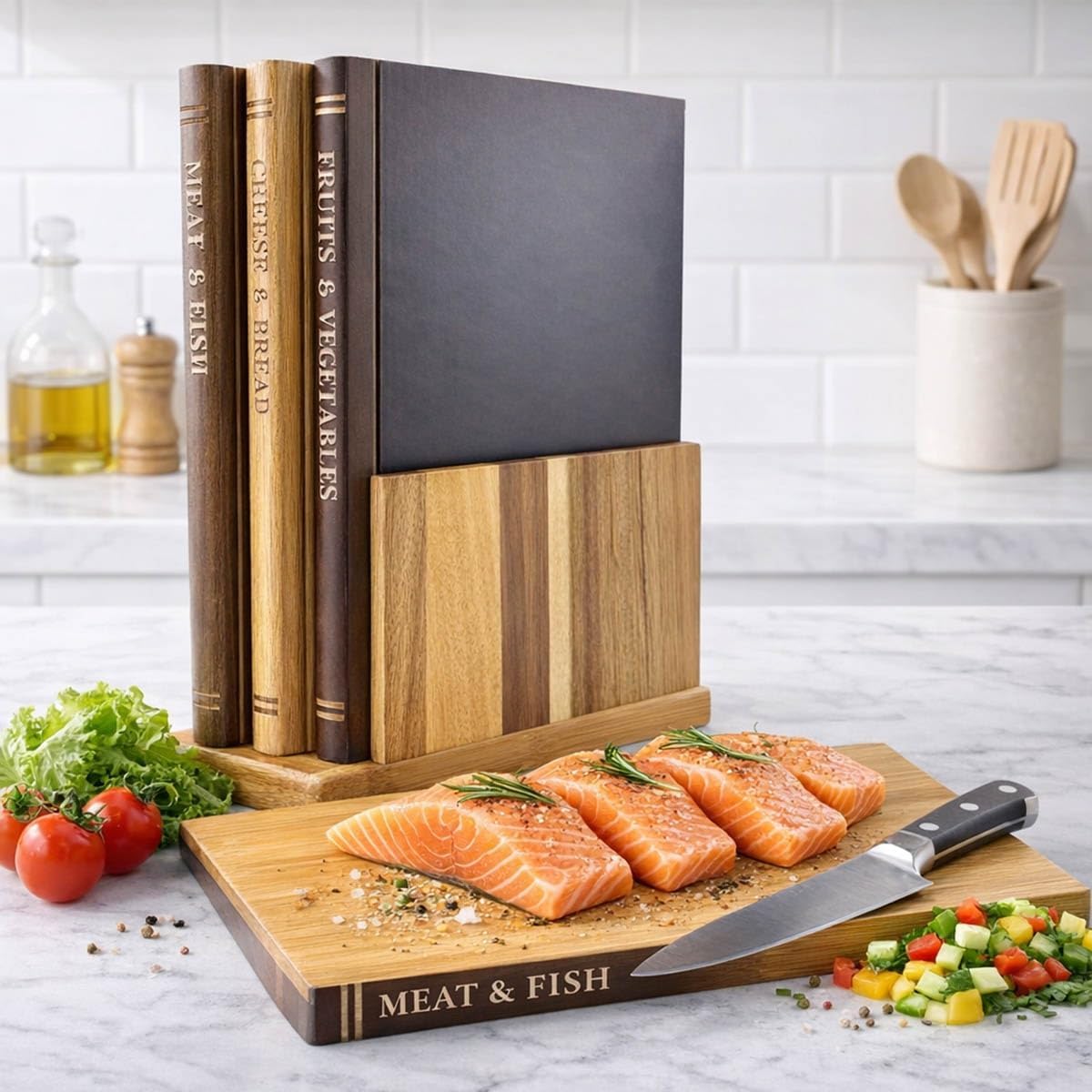 Large Wood Cutting Boards Set of 3 for Kitchen Meal Prep & Serving, Cutting Board That Looks like Books, Wooden Charcuterie Chopping Board with Holder Non Slip Decorative Kitchen Gift