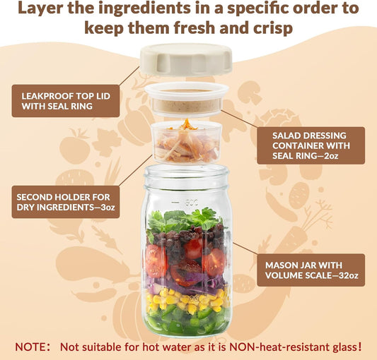 SOLIGT 4 Pack Glass Salad Jars with Lids Meal Prep, Leakproof Container for Lunch, with Wet/Dry Separation Cups, 32oz Mason Jars (Pink/Orange/Sky Blue/Olive Green)