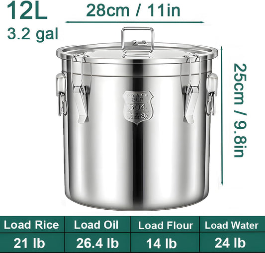 3.2Gal 304 Stainless Steel Kitchen Airtight Canister, 405oz Flour Container with Lid and Locking Clamp,10-21Lbs Metal Bucket Food Storage Container for Rice Flour Grain Coffee Bean(12L)