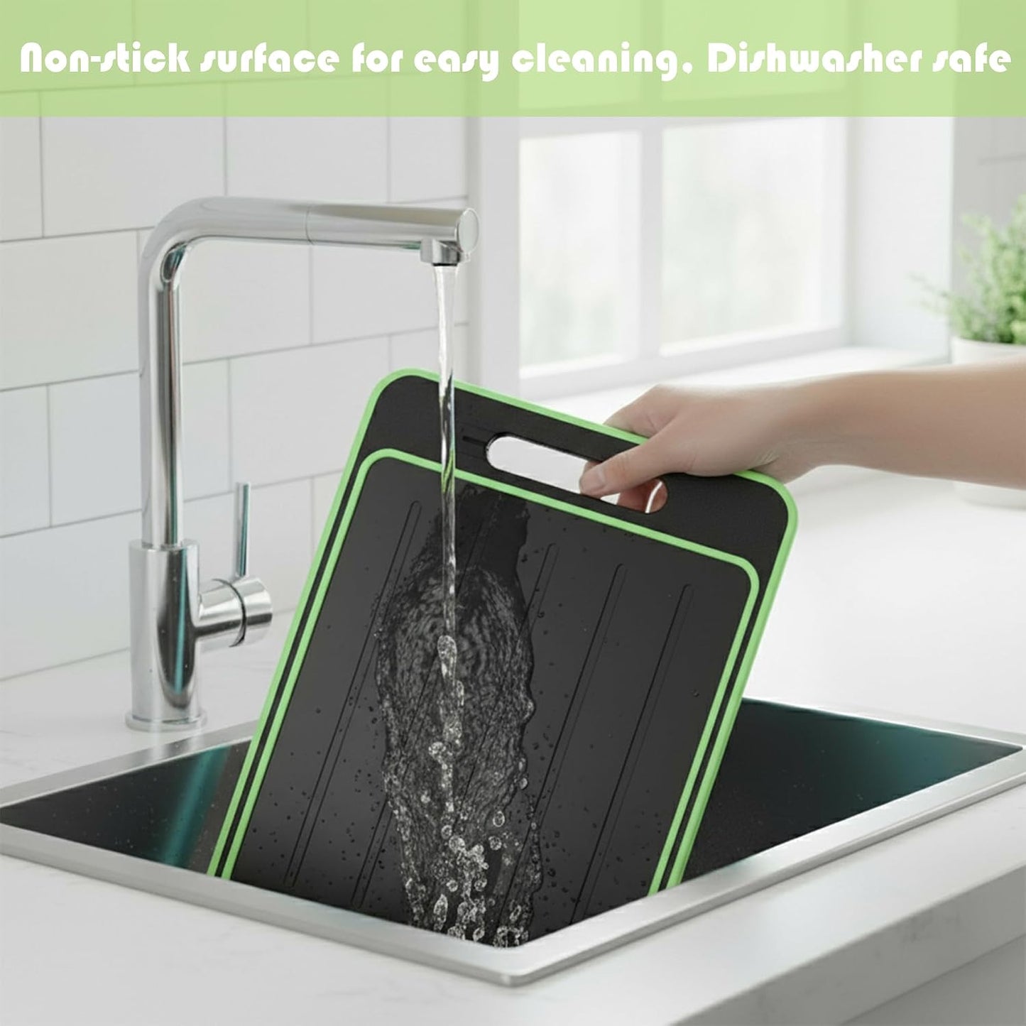 2-Piece BPA-Free Plastic Cutting Board Set, Non-Slip Dishwasher Safe Chopping Boards for Kitchen, Green