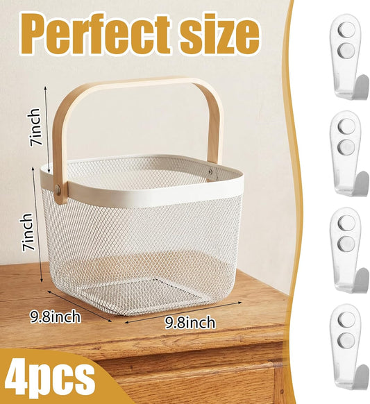 Maxdot 4 Pack Metal Mesh Basket with Wooden Handle White Square Wire Storage Organizer Basket Multi-functional Hanging for Kitchen Pantry Shelves Bathroom Counter Organizer