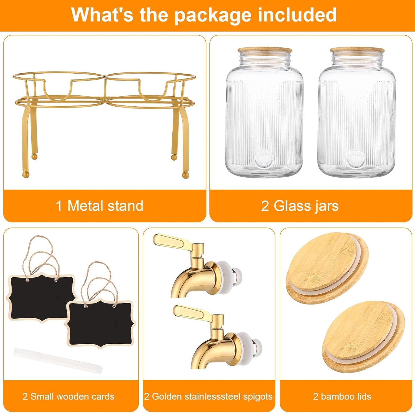 1 Gallon Glass Drink Dispenser with Stand, 2pack Drink Dispensers For Parties, Beverage Dispenser With Bamboo Lid and Stainless Steel Spigot Leakproof, Use On Sun Tea, Juice, Lemonade Dispenser