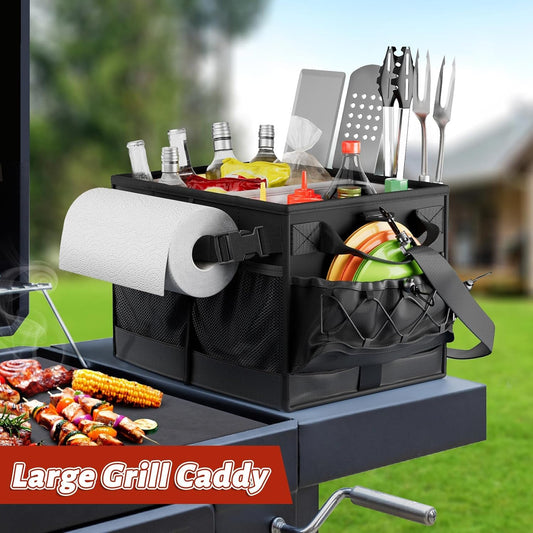 Lorbro Grill Caddy, BBQ Caddy with Paper Towel Holder, Portable Picnic Basket for Utensil and Condiment, Barbecue Grilling Tool Accessories Storage Organizer for Outdoor Griddle, Tailgate, Camping, RV