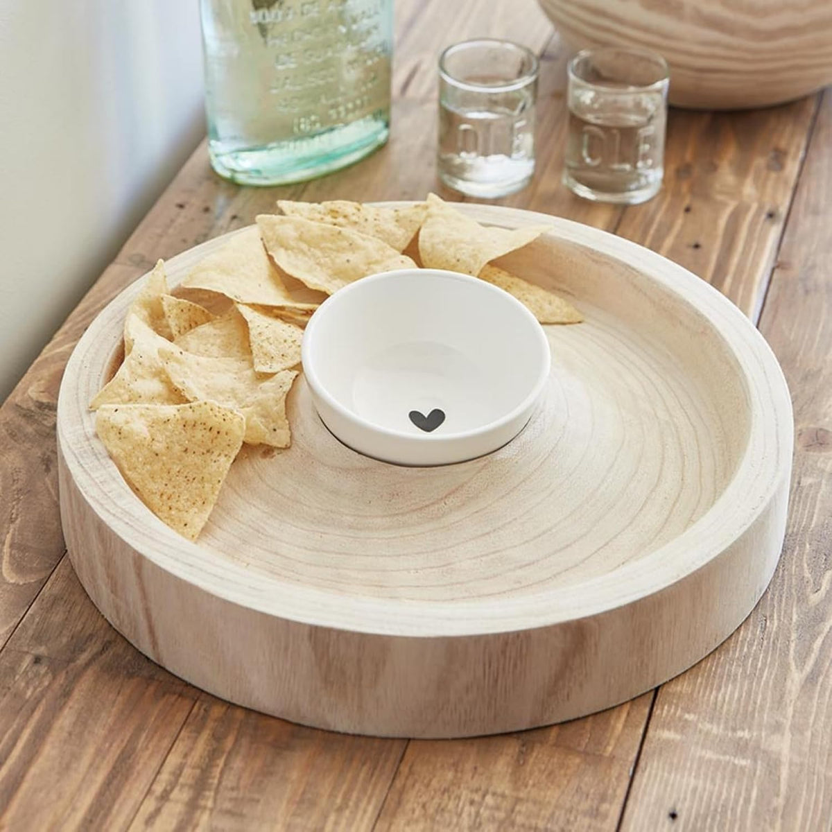 Santa Barbara Design Studio Chip Holder with Dip Bowl Chip/Dip Serving Set, 12" Diameter, Natural Wood + Ceramic
