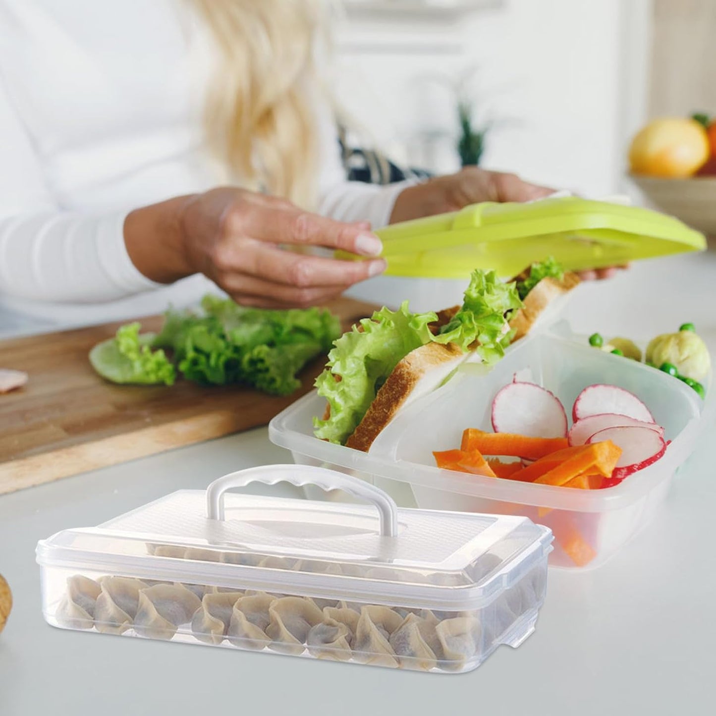Dumpling Container with Lid for Freezer, Airtight Food Storage Box 31x22x7cm, Stackable Refrigerator Organizer Tray for Dumplings and Wontons