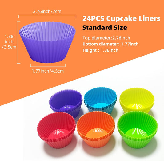 Silicone Cupcake Backing Cups 24 Pack - 2.8 Inches Reusable Muffin Molds for Cakes and Pastries, 6 Rainbow Colors